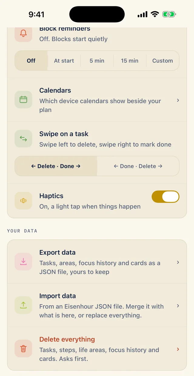 The lower part of the More tab, cropped above the tab bar. Your data holds Export data, Import data and Delete everything, each with a one-line description. Above it are the Calendars, Swipe on a task and Haptics settings.