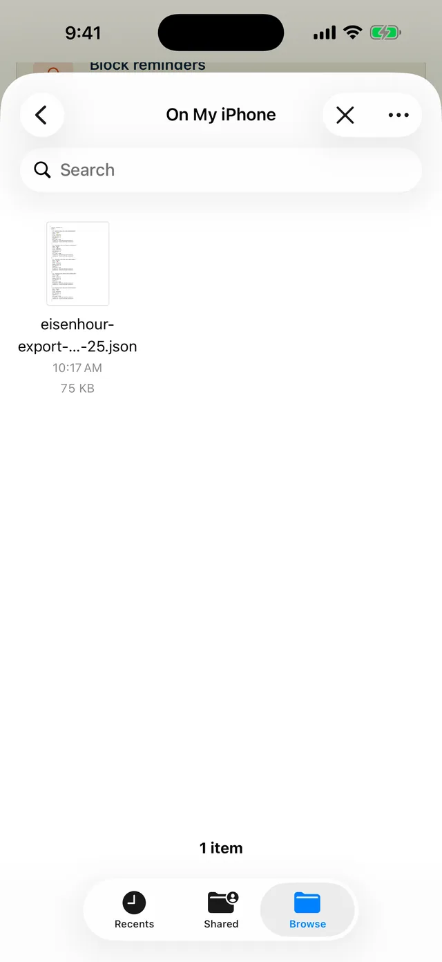 The iPhone Files picker showing the folder On My iPhone with one file, eisenhour-export, ending in 25.json, 75 KB.