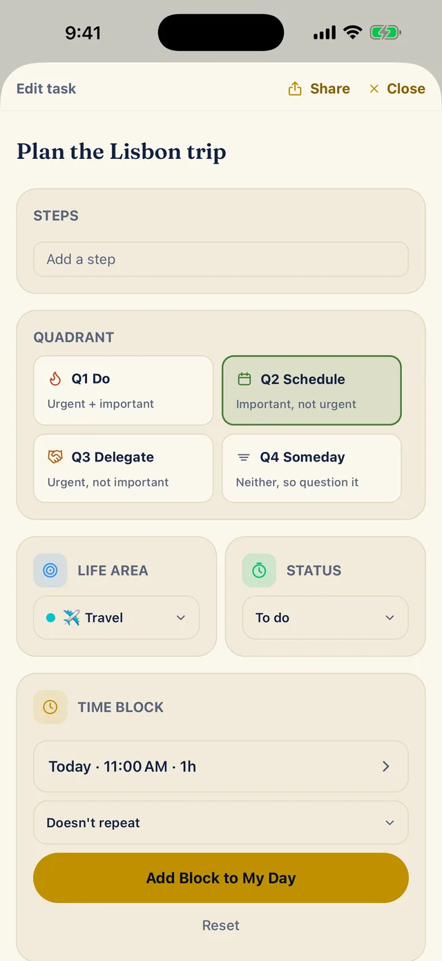 The task sheet for Plan the Lisbon trip with Q2 Schedule and Travel chosen. At the bottom the Time block card reads Today, 11:00 AM, 1h, with Doesn't repeat and an Add Block to My Day button.