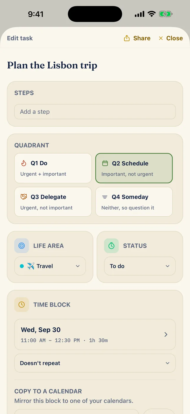 The Time block card now reads Wed, Sep 30 and 11:00 AM to 12:30 PM, 1h 30m, with Doesn't repeat below it. Under the card is a Copy to a calendar section that says Mirror this block to one of your calendars.