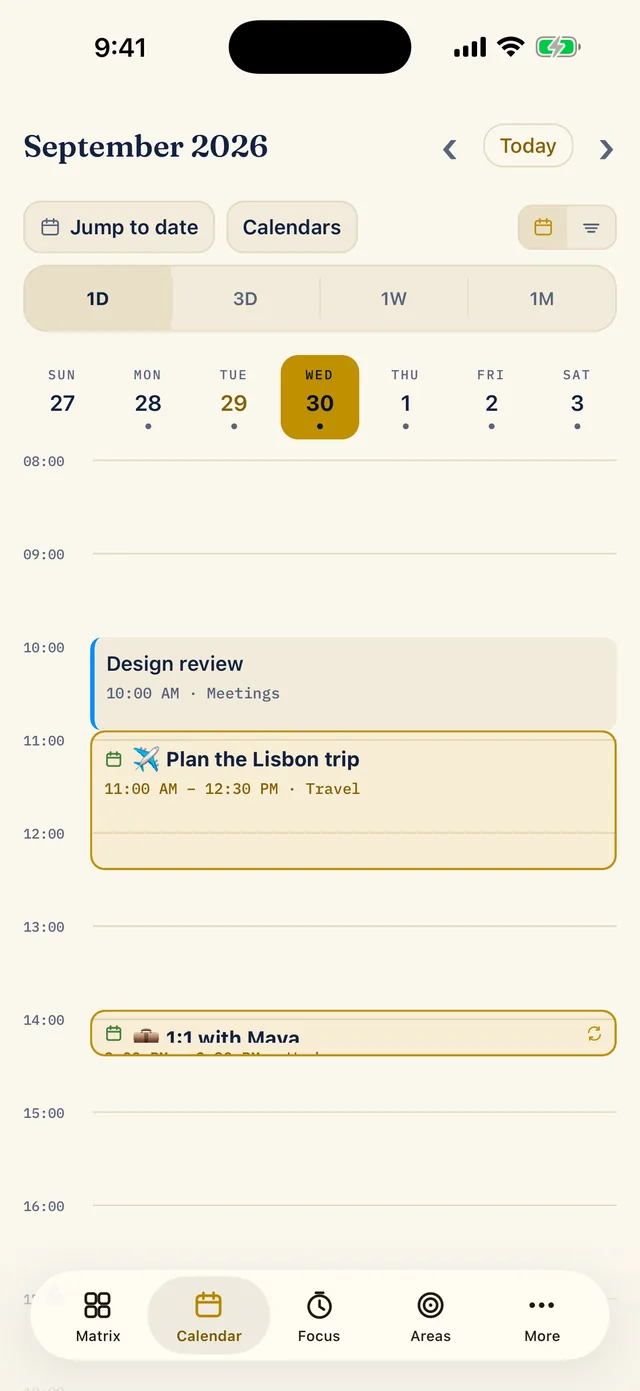 The Calendar tab in day view: a Plan the Lisbon trip block from 11:00 to 12:30 sits under a Design review event from the phone's own calendar