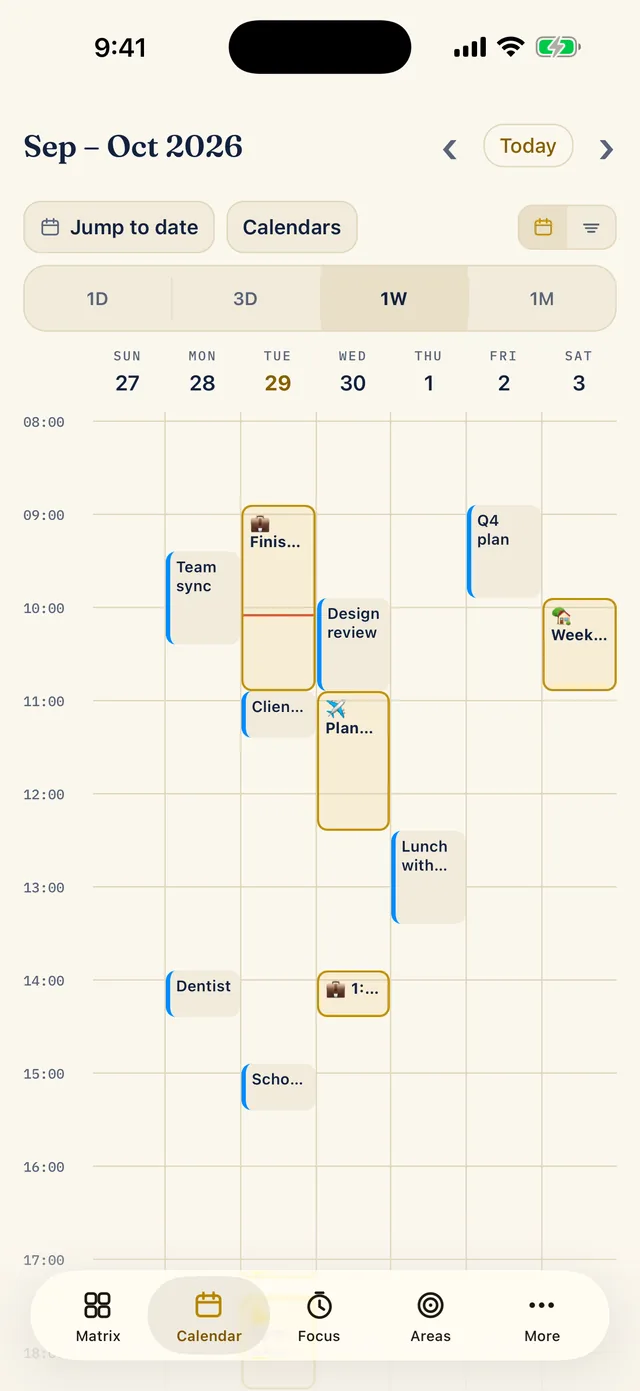 The Calendar tab in week view for 27 September to 3 October. Gold-outlined blocks and calendar events with blue bars sit in their day columns, and the Plan block is on Wednesday the 30th.