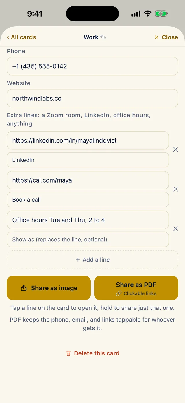 The lower part of the Work card editor with three extra lines: a LinkedIn address shown as LinkedIn, a booking link shown as Book a call, and a plain line, Office hours Tue and Thu, 2 to 4, each with an X. Under them are Add a line, Share as image, Share as PDF with Clickable links, and a hint about tapping and holding a line.