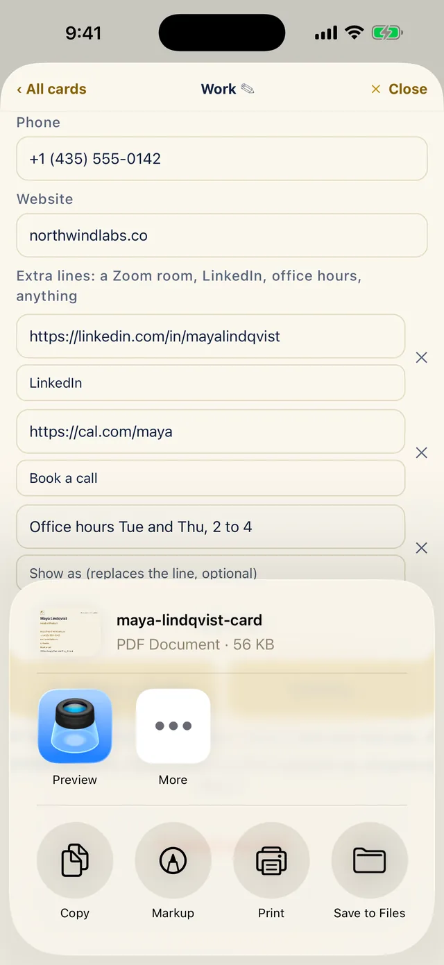 The share sheet over the Work card editor, offering the file maya-lindqvist-card, a PDF document of 56 KB, with the usual sharing options above and Copy, Markup, Print and Save to Files below.