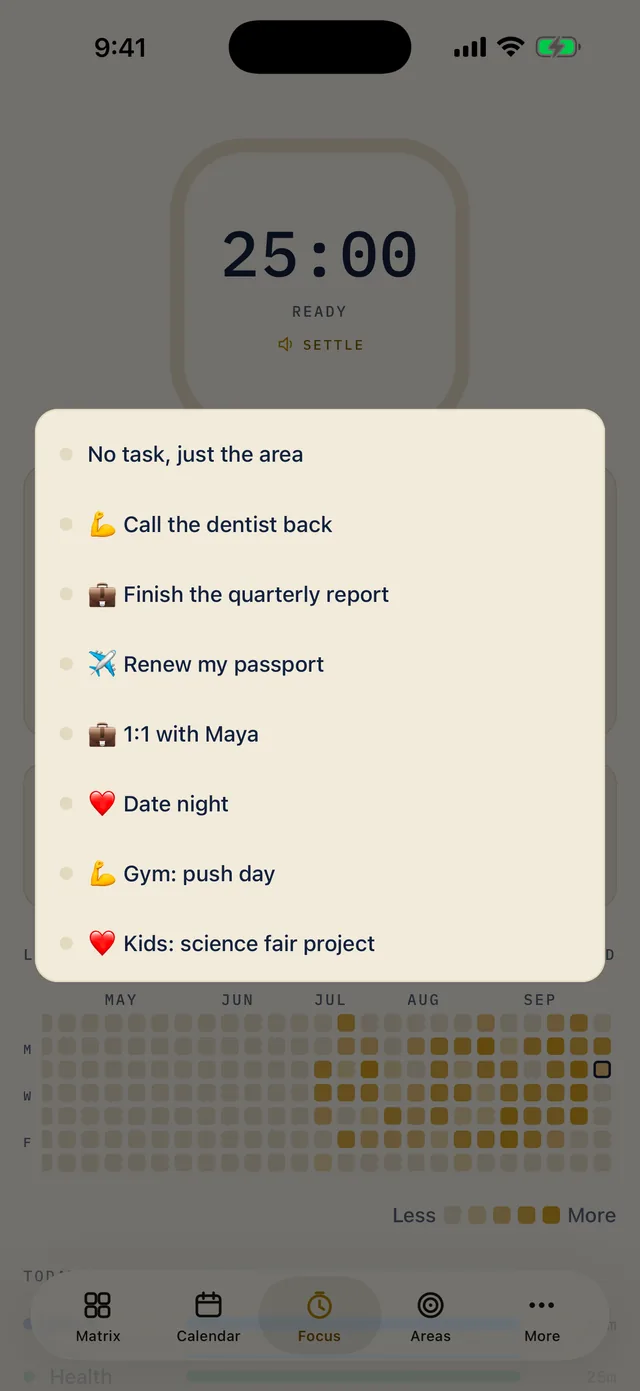 The task list open over the Focus tab: No task, just the area, then Call the dentist back, Finish the quarterly report, Renew my passport, 1:1 with Maya, Date night, Gym: push day and Kids: science fair project.
