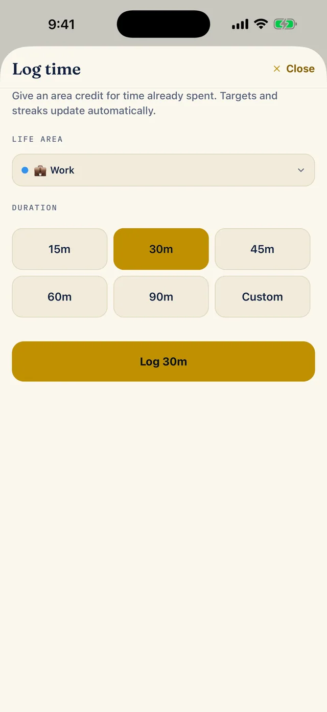 The Log time sheet. It says Give an area credit for time already spent, shows the life area Work, the durations 15m, 30m, 45m, 60m, 90m and Custom with 30m chosen, and a Log 30m button.