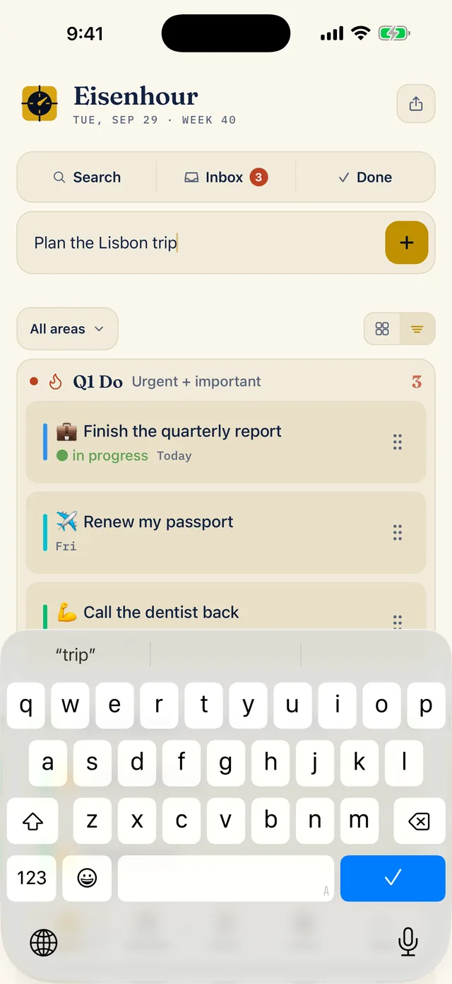 The Matrix tab with Plan the Lisbon trip typed into the capture field and the keyboard open. Search, Inbox and Done sit above the field, and the Q1 Do quadrant is partly behind the keyboard.