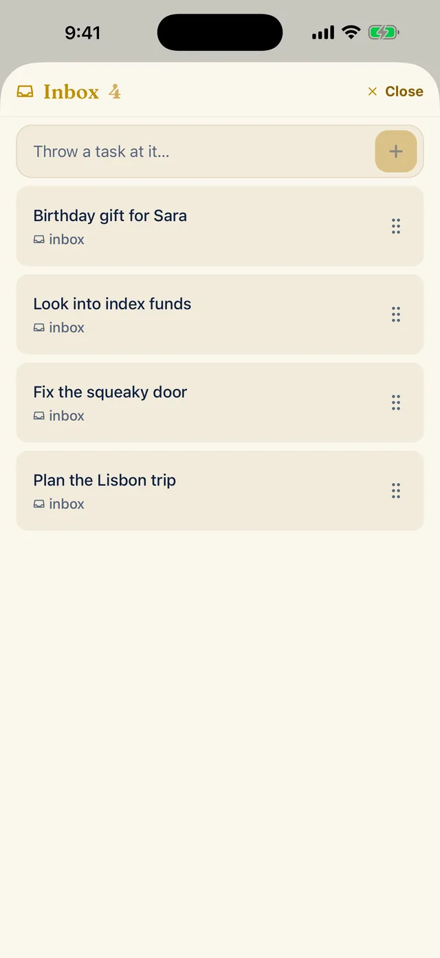 The Inbox sheet with four tasks, each marked inbox: Birthday gift for Sara, Look into index funds, Fix the squeaky door and Plan the Lisbon trip.