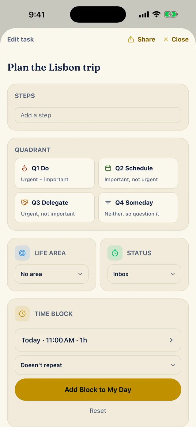 The Edit task sheet for Plan the Lisbon trip. The Quadrant card shows Q1 Do, Q2 Schedule, Q3 Delegate and Q4 Someday with none chosen. Life area reads No area, Status reads Inbox, and a Time block card is below.