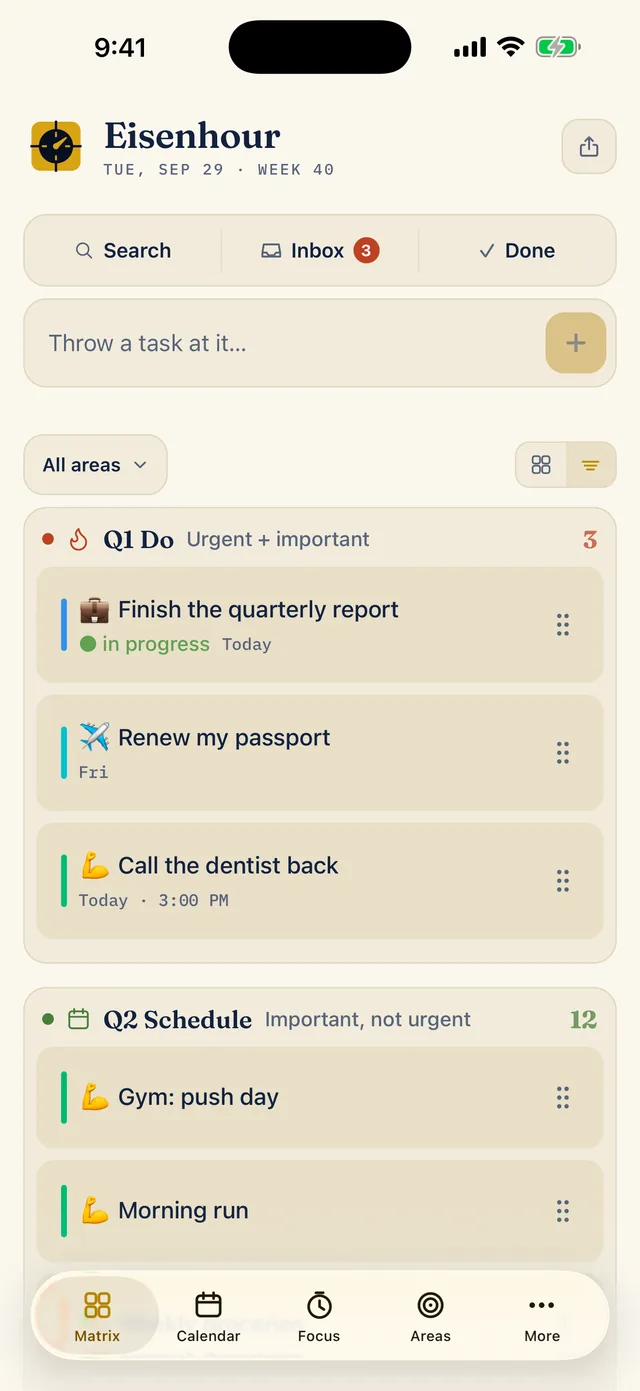 The Matrix tab in list view. Q1 Do lists Finish the quarterly report, Renew my passport and Call the dentist back, and Q2 Schedule begins below it. The tab bar shows Matrix, Calendar, Focus, Areas and More.