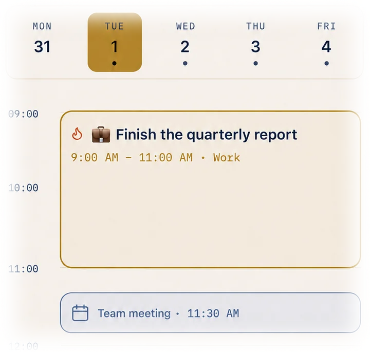 A day timeline with a Work block from 9 to 11 beside a team meeting from the phone's calendar
