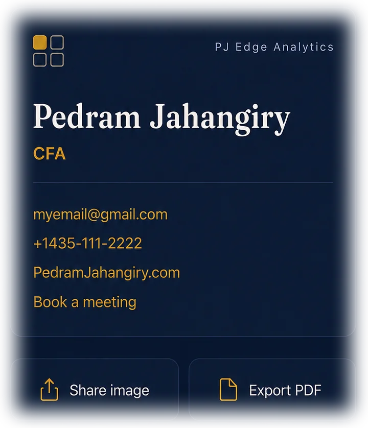 A navy business card with name, title, email, phone and a booking link, and buttons to share it as an image or PDF