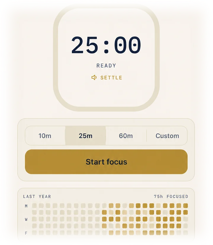 A 25-minute focus timer above a year-long heatmap of focused hours
