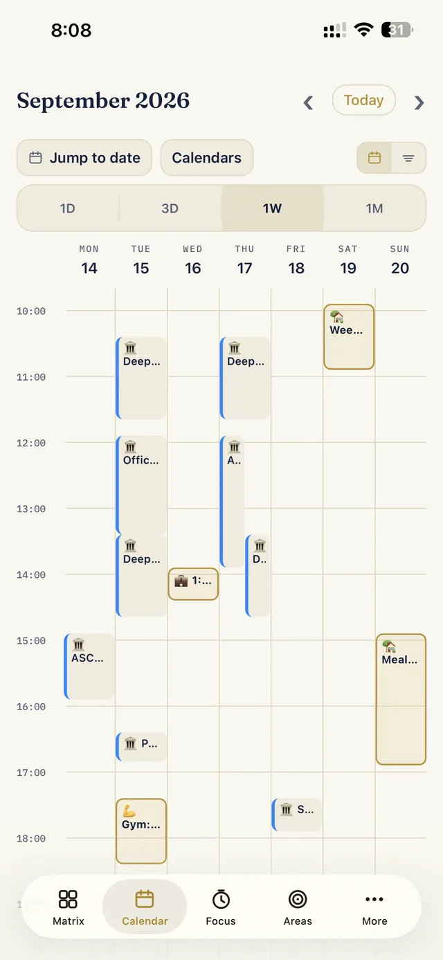 The week view with blocks and calendar events side by side