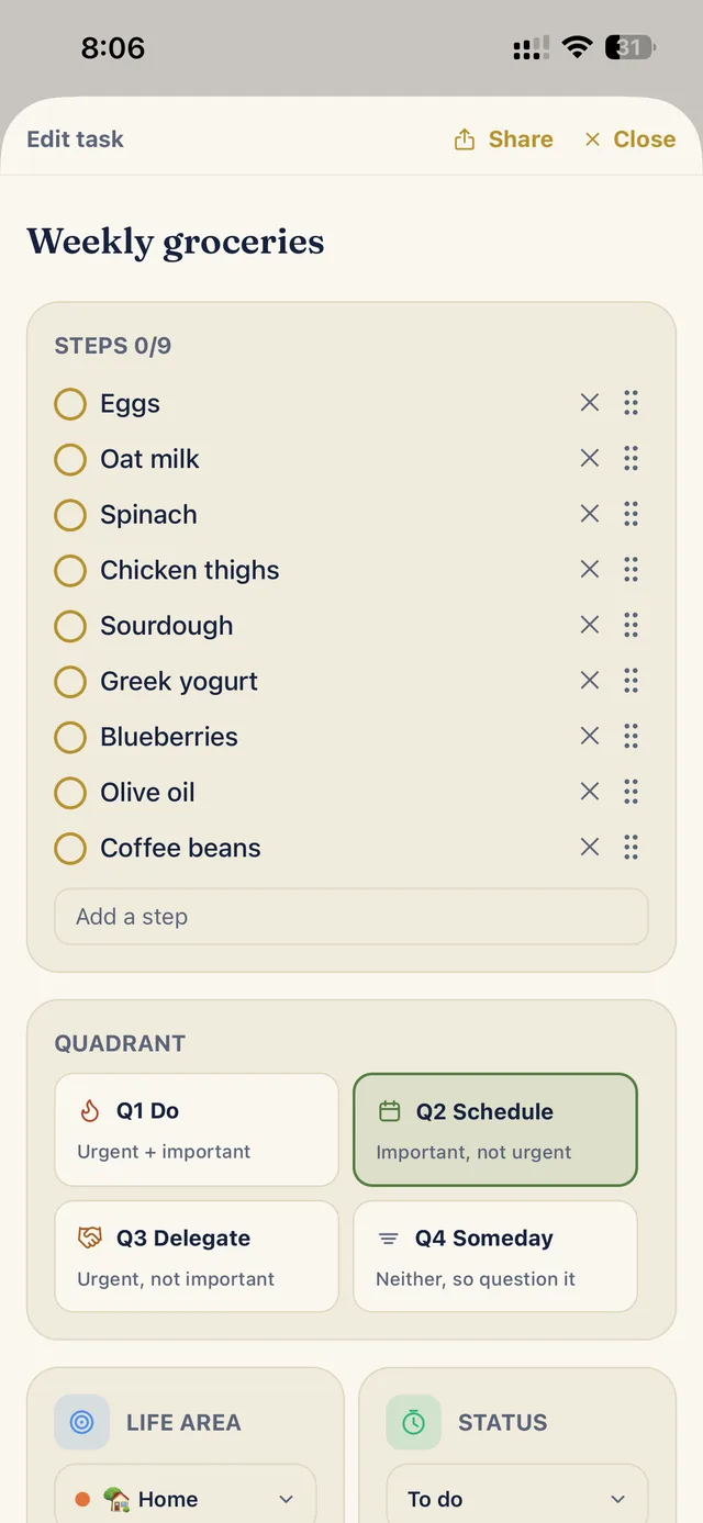 A groceries task with a checklist of steps